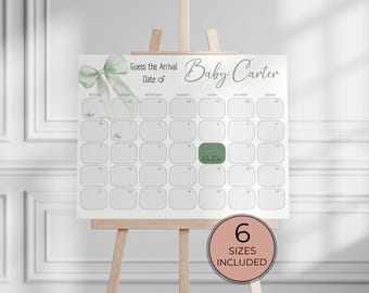 Green Bow Due Date Calendar, Guess the Due Date, Customizable Printable for Baby Shower, Gender Neutral BS11