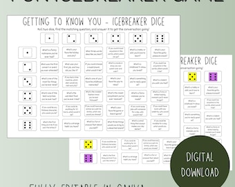 Ultimate Editable Icebreaker Game, Getting to Know You, Perfect for Any Gathering, Coversation Starter, Roll the Dice, Instant Download