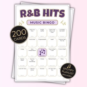 R&B Music Bingo, 200 Unique Cards with Spotify Playlist, Printable Party Game and Music Night Activity