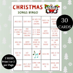 Afdrukbaar bingospel Christmas Carol, 30 unieke kaarten voor familiespelavond, bingo met liedjes, muziekbingo voor vakanties en bijeenkomsten