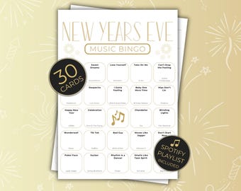 Afdrukbare bingo met oudejaarsavond, liedjesspel met 30 kaarten voor de feestdagen, Spotify-afspeellijst