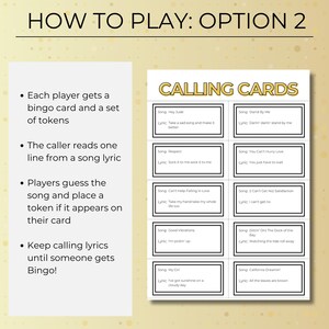 Music Bingo calling cards with song lyrics, Decades of Hits bingo game, interactive party game for groups and events