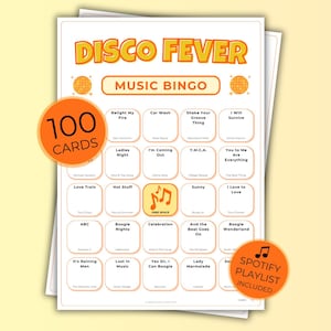 Disco Fever Music Bingo, 100 Cards Printable Retro Birthday Party Game, Family Game Night, Spotify Playlist