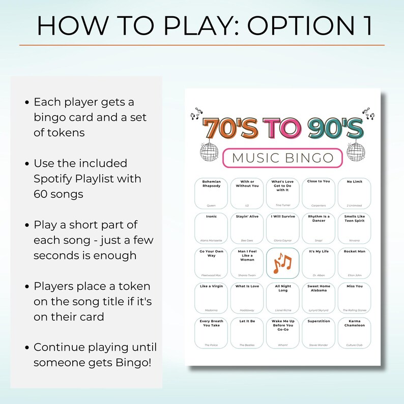70s 80s 90s Music Bingo, Decades Bingo, Printable Game with 100 Cards, Spotify Playlist,  Family Reunion or Office Party