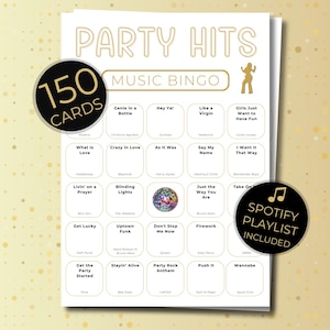 Party Hits Music Bingo printable with 150 unique bingo cards, gold and beige design, includes Spotify playlist.