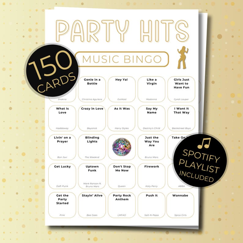 Party Hits Music Bingo printable with 150 unique bingo cards, gold and beige design, includes Spotify playlist.