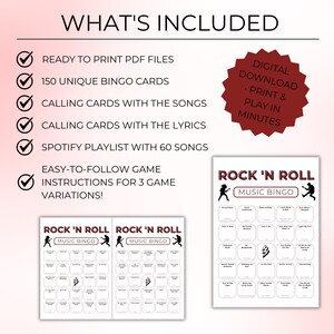 May include: A digital download music bingo game with the text "Rock 'N Roll Music Bingo." The image includes bingo cards, calling cards, and a Spotify playlist. The game includes 150 unique bingo cards and instructions for 3 game variations.