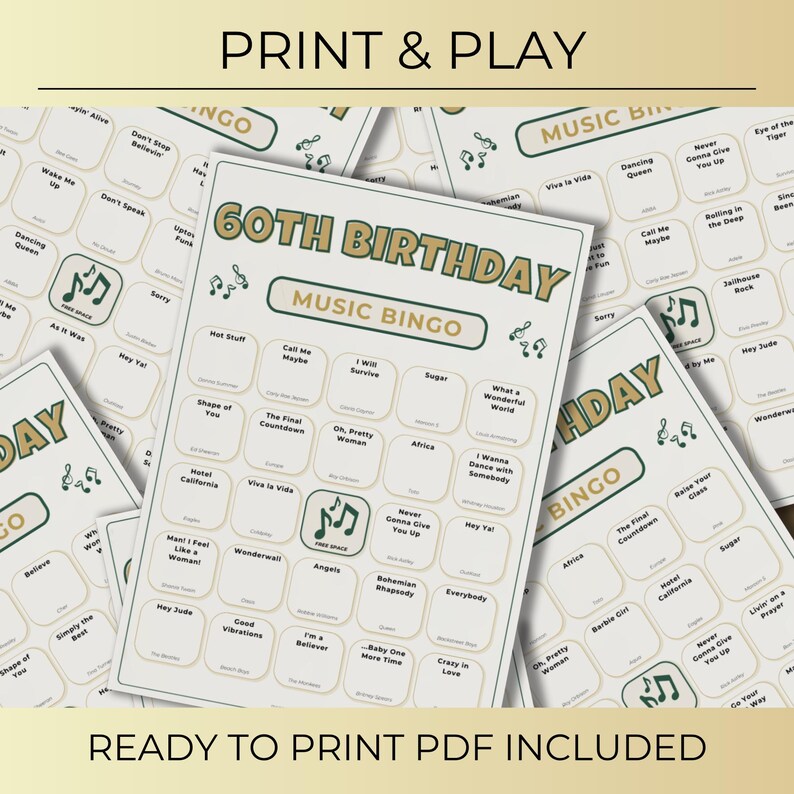 60th Birthday Music Bingo, 100 Printable Cards, Fun Party Game, Spotify Playlist, 1966 Celebration, Instant Download