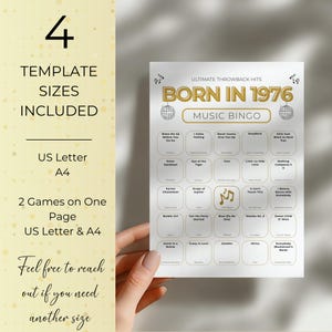 Born in 1976 Music Bingo, 50th Birthday, 50 Printable Cards, Spotify Playlist, 70s 80s 90s Music Party Game, Instant Download