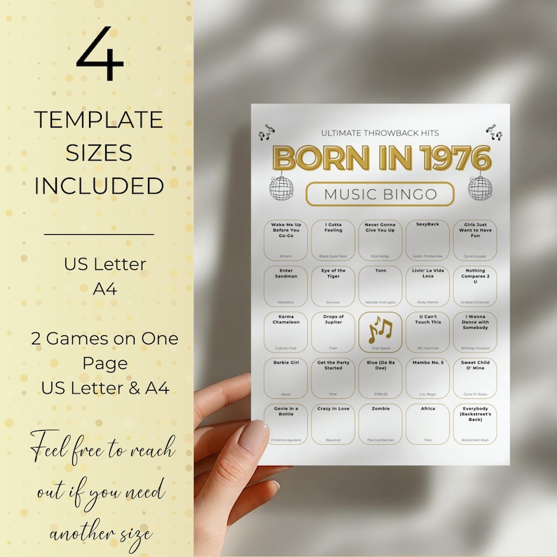 Born in 1976 Music Bingo, 50th Birthday, 50 Printable Cards, Spotify Playlist, 70s 80s 90s Music Party Game, Instant Download