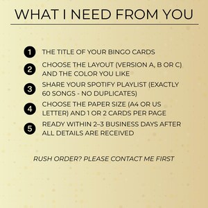 Custom music bingo order requirements showing title text, layout and color choice, Spotify playlist with 60 songs, paper size, and turnaround time.