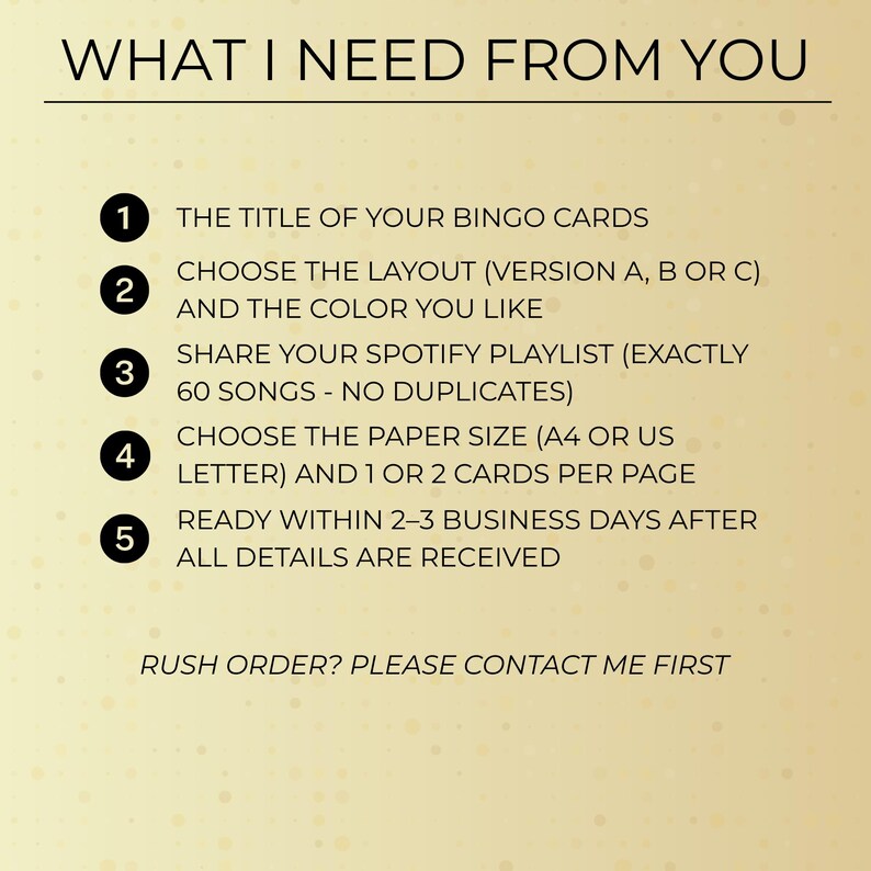 Custom music bingo order requirements showing title text, layout and color choice, Spotify playlist with 60 songs, paper size, and turnaround time.