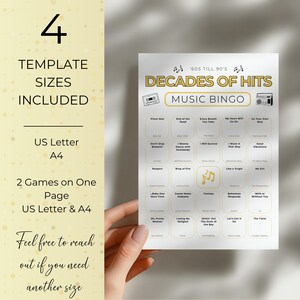 Decades of Hits music bingo card held in hand, showing printable bingo game with songs from the 60s to the 90s, includes US Letter and A4 sizes and two games per page.