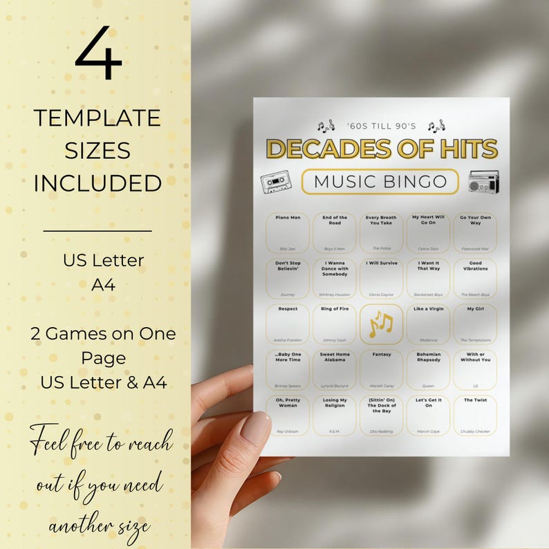 Decades of Hits music bingo card held in hand, showing printable bingo game with songs from the 60s to the 90s, includes US Letter and A4 sizes and two games per page.