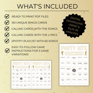 What’s included in Party Hits Music Bingo printable, 150 unique bingo cards, calling cards, Spotify playlist, and game instructions.