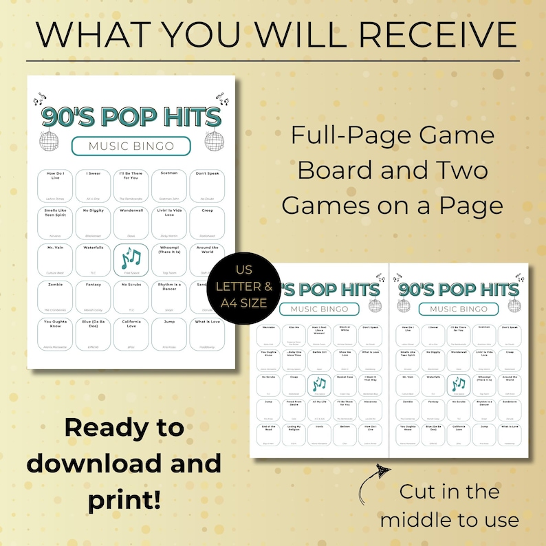 90s Music Bingo: 50 Printable Cards, Exciting Party Game with Spotify Playlist, Instant Digital Download