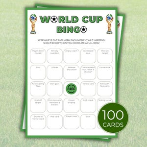 World Cup Soccer Bingo Cards for Watch Party Fun, 100 Unique Cards, Printable Adults and Kids Game, Football Match Activity