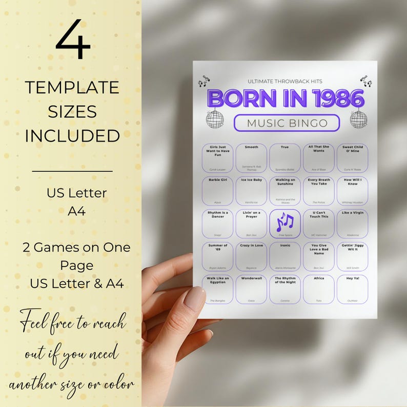 Born in 1986 Music Bingo, 100 Cards 40th Birthday Party Game, Retro 80s Printable, Spotify Playlist, Instant Download