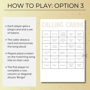 How to play Party Hits Music Bingo option three with classic calling cards, players complete rows, columns, or diagonals.