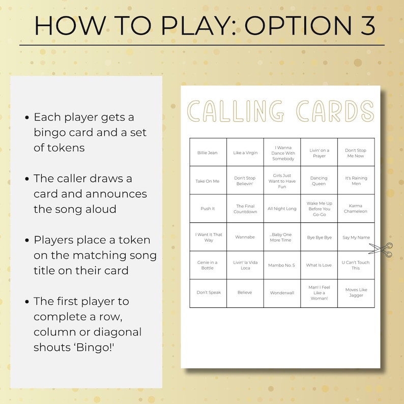 How to play Party Hits Music Bingo option three with classic calling cards, players complete rows, columns, or diagonals.