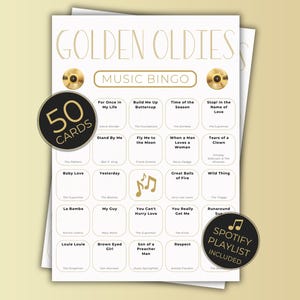 Golden Oldies Music Bingo printable with multiple unique bingo cards displayed, vintage gold design, classic oldies songs, 50 cards included