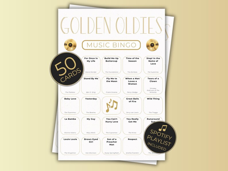 Golden Oldies Music Bingo printable with multiple unique bingo cards displayed, vintage gold design, classic oldies songs, 50 cards included