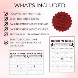 Puede incluir: Un juego de bingo musical Rock 'N Roll blanco. El juego incluye 50 tarjetas de bingo &uacute;nicas, tarjetas de llamada con canciones y letras, una lista de reproducci&oacute;n de Spotify con 60 canciones e instrucciones del juego. El texto dice "Descarga digital - Imprime y juega en minutos".