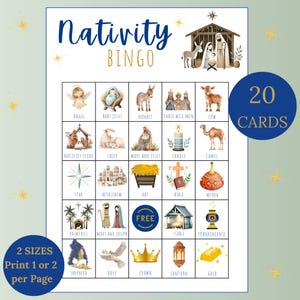 Bingo Narodzenia – 20 kart do wydrukowania, religijna gra bożonarodzeniowa do kościoła, studium Biblii i chrześcijańskich przyjęć, zabawna szopka do wydrukowania