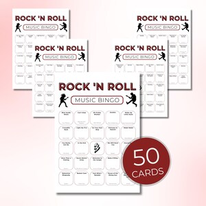 Puede incluir: Un conjunto de tarjetas de Bingo musical Rock 'N Roll. Las tarjetas son blancas con texto y gr&aacute;ficos en negro, incluyendo las palabras "Rock 'N Roll Music Bingo". Un c&iacute;rculo rojo muestra "50 Tarjetas".