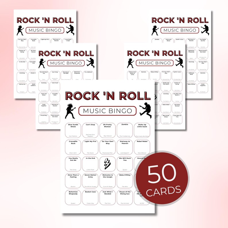 Puede incluir: Un conjunto de tarjetas de Bingo musical Rock 'N Roll. Las tarjetas son blancas con texto y gr&aacute;ficos en negro, incluyendo las palabras "Rock 'N Roll Music Bingo". Un c&iacute;rculo rojo muestra "50 Tarjetas".