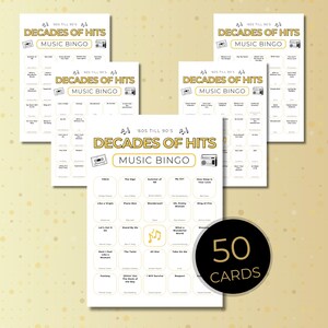 May include: A collection of music bingo cards with the text "Decades of Hits" and "Music Bingo." The cards feature song titles from the '60s to the '90s. A black circle displays "50 CARDS."