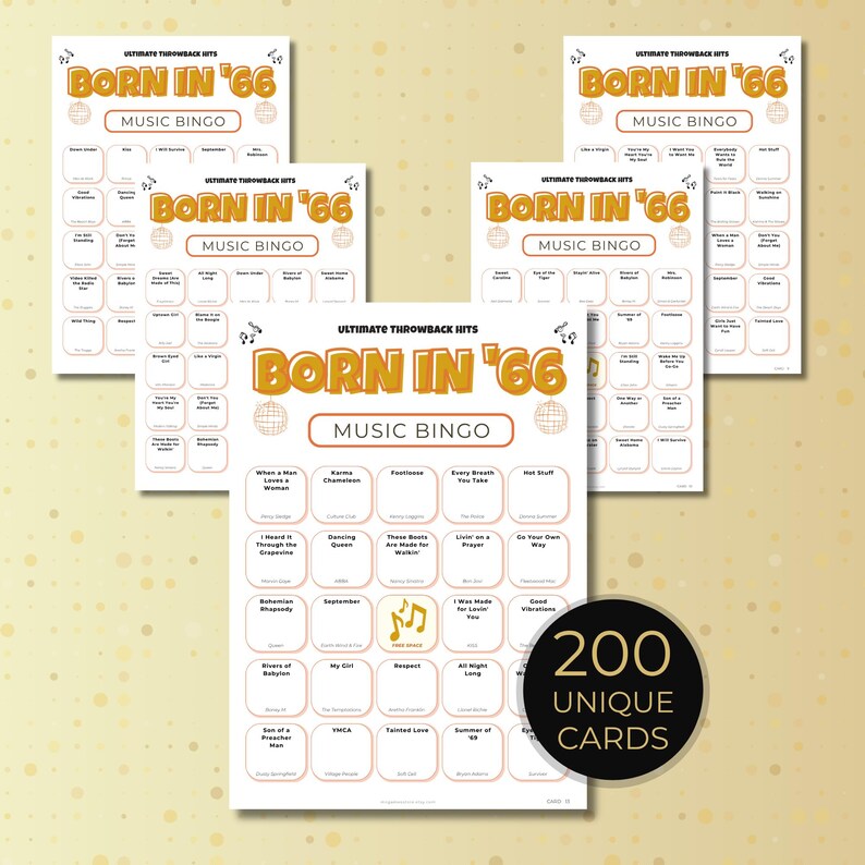 Born in 1966 Music Bingo, 200 Cards 60th Birthday Party Game, Golden Oldies, Retro Music Bingo with Spotify Playlist