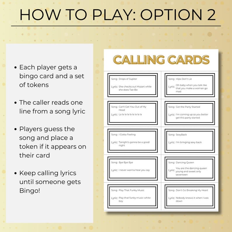 Puede incluir: Un juego de cartas con instrucciones para un juego de bingo tem&aacute;tico musical. Las tarjetas presentan letras de canciones e instrucciones sobre c&oacute;mo jugar. El texto de la tarjeta dice "Calling Cards".