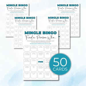 Mix and Mingle Bingo game showing multiple different bingo cards for group events, 50 unique cards included