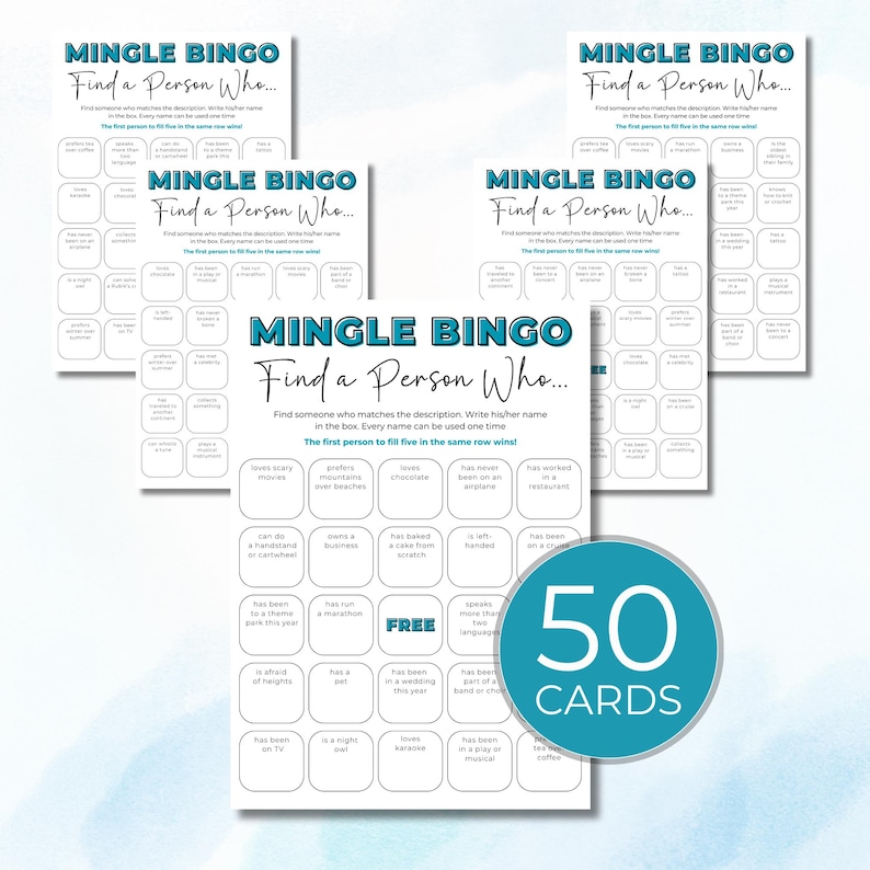 Mix and Mingle Bingo game showing multiple different bingo cards for group events, 50 unique cards included