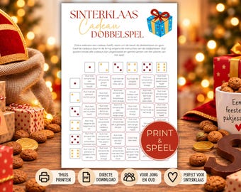 Juego de dados de intercambio de regalos de Sinterklaas, juegos de Sinterklaas para niños, niños pequeños y adultos, Pakjesavond, intercambio de regalos, juego imprimible