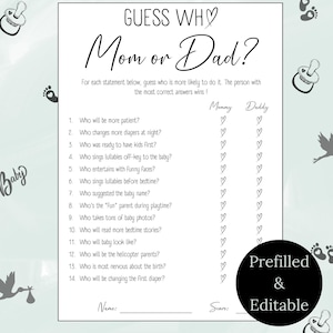 Guess Who... Mom or Dad Printable Baby Shower Game, Fun Questions, Trivia Game, Baby Shower Activity, Digital Download, Editable in Canva