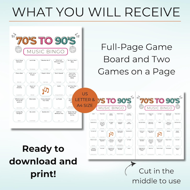 70s 80s 90s Music Bingo, Decades Bingo, Printable Game with 100 Cards, Spotify Playlist,  Family Reunion or Office Party