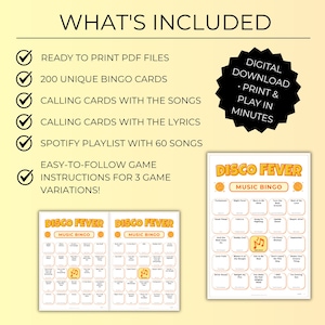 Disco Fever Music Bingo, 70s 80s Birthday Party Game with 200 Bingo Cards, Ladies Night, Instant Download with Spotify Playlist