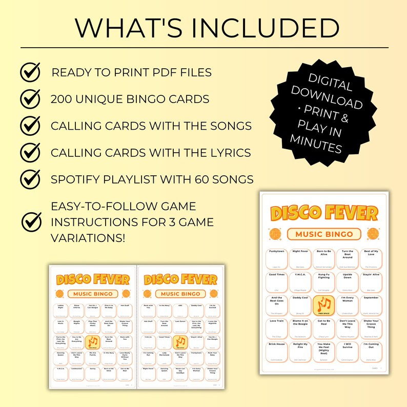 Disco Fever Music Bingo, 70s 80s Birthday Party Game with 200 Bingo Cards, Ladies Night, Instant Download with Spotify Playlist