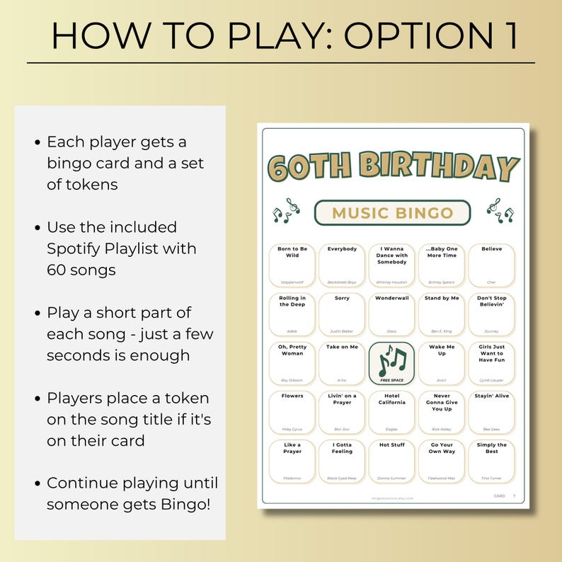 60th Birthday Music Bingo, 200 Unique Cards with Spotify Playlist, Printable Party Game, 1966 Celebration, Instant Download