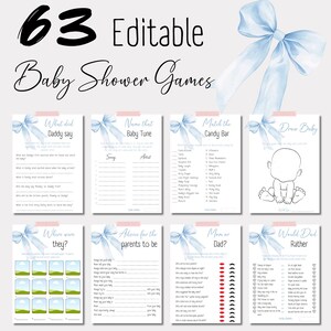 Blue Bow Baby Shower Games Bundle, Editable Printable Game Templates, Instant Download for Baby Shower Fun BS02