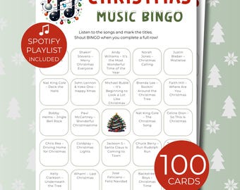 Christmas Music Bingo, Printable Game with 100 Cards, Spotify Playlist & Editable Template