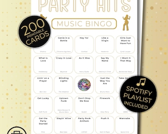 Party Hits Musik Bingo, 200 druckbare Karten, Sofortiger Download Musikspiel, 80er Jahre bis heute