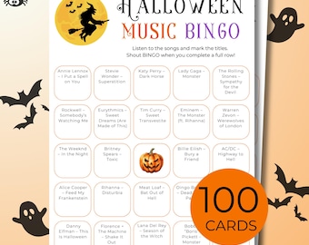 Halloween Music Bingo, 100 Printable Bingo Cards, Instant Download, Family Fun Game with Spotify Playlist, Print & Play