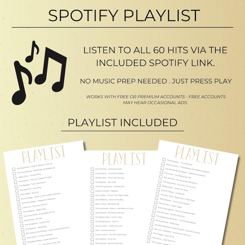 Golden Oldies Music Bingo Spotify playlist with 60 classic songs, instant play music bingo game, works with free or premium Spotify