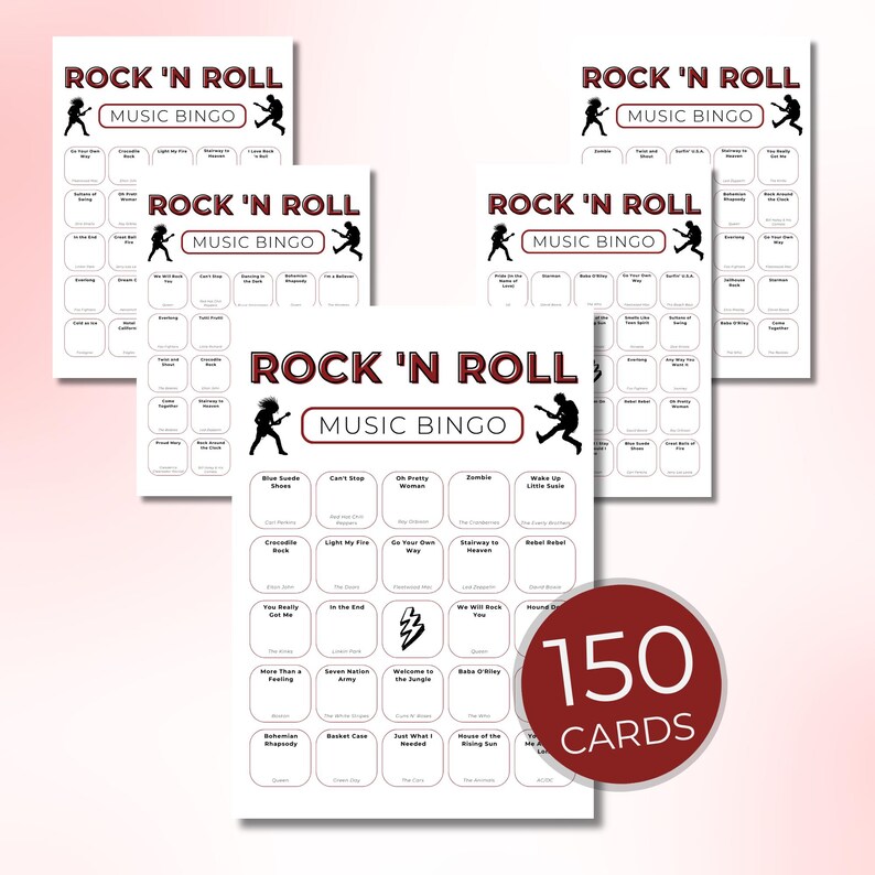 May include: A stack of Rock 'N Roll Music Bingo cards. Each card features a grid with song titles and the game's title at the top. A red circle indicates there are 150 cards.