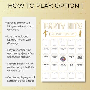 How to play Party Hits Music Bingo option one, players use a Spotify playlist and mark song titles on printable bingo cards.