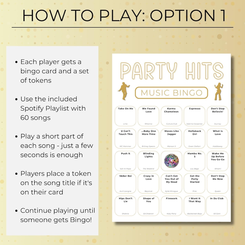 How to play Party Hits Music Bingo option one, players use a Spotify playlist and mark song titles on printable bingo cards.