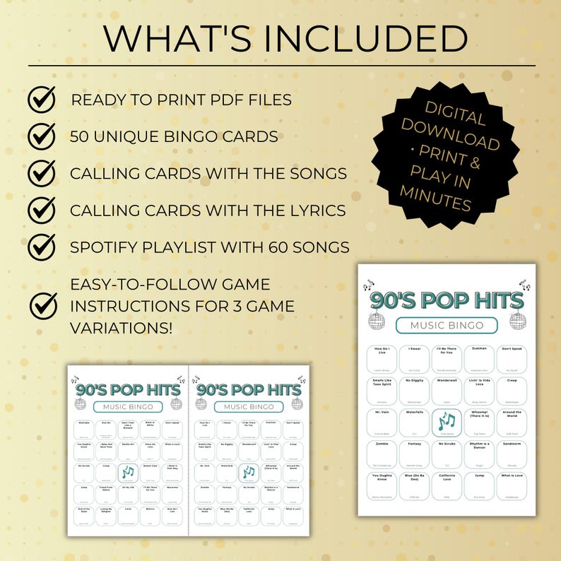90s Music Bingo: 50 Printable Cards, Exciting Party Game with Spotify Playlist, Instant Digital Download